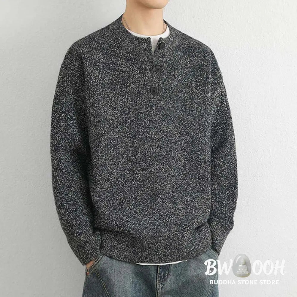 Buddha Stones Winter V-Neck Buttons Ribbed Design Warm Men’s Long Sleeve Knitted Sweater - Men’s Sweater
