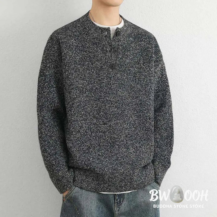Buddha Stones Winter V-Neck Buttons Ribbed Design Warm Men’s Long Sleeve Knitted Sweater - Men’s Sweater