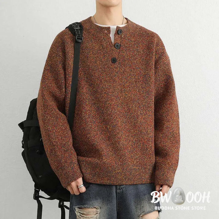 Buddha Stones Winter V-Neck Buttons Ribbed Design Warm Men’s Long Sleeve Knitted Sweater - Men’s Sweater