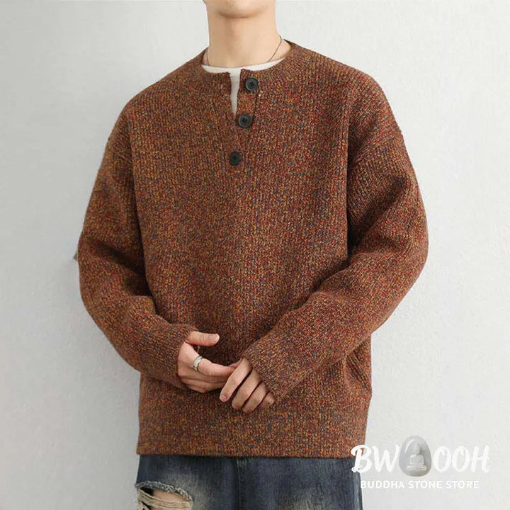 Buddha Stones Winter V-Neck Buttons Ribbed Design Warm Men’s Long Sleeve Knitted Sweater - Men’s Sweater