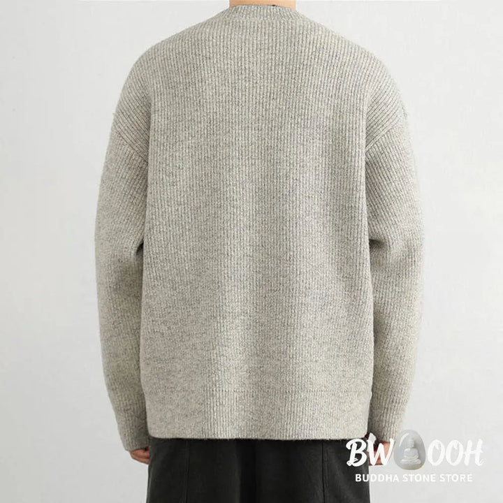 Buddha Stones Winter V-Neck Buttons Ribbed Design Warm Men’s Long Sleeve Knitted Sweater - Men’s Sweater