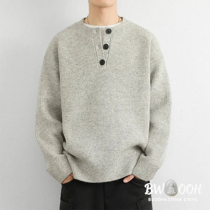 Buddha Stones Winter V-Neck Buttons Ribbed Design Warm Men’s Long Sleeve Knitted Sweater - Men’s Sweater