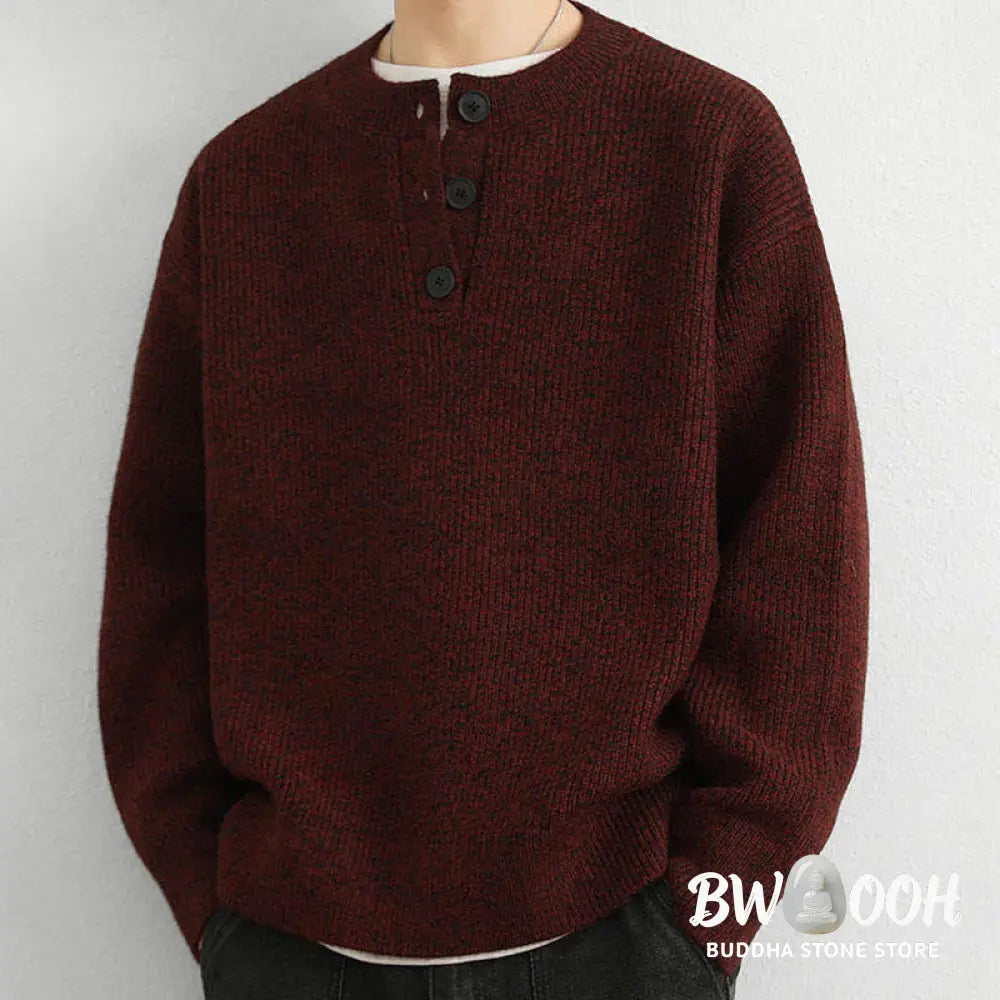 Buddha Stones Winter V-Neck Buttons Ribbed Design Warm Men’s Long Sleeve Knitted Sweater - Men’s Sweater