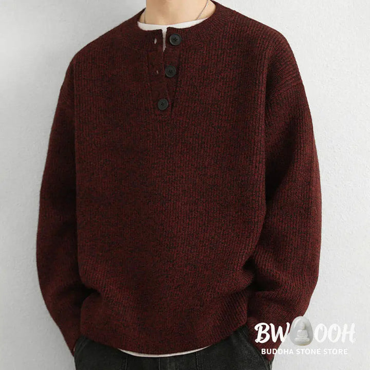 Buddha Stones Winter V-Neck Buttons Ribbed Design Warm Men’s Long Sleeve Knitted Sweater - Men’s Sweater