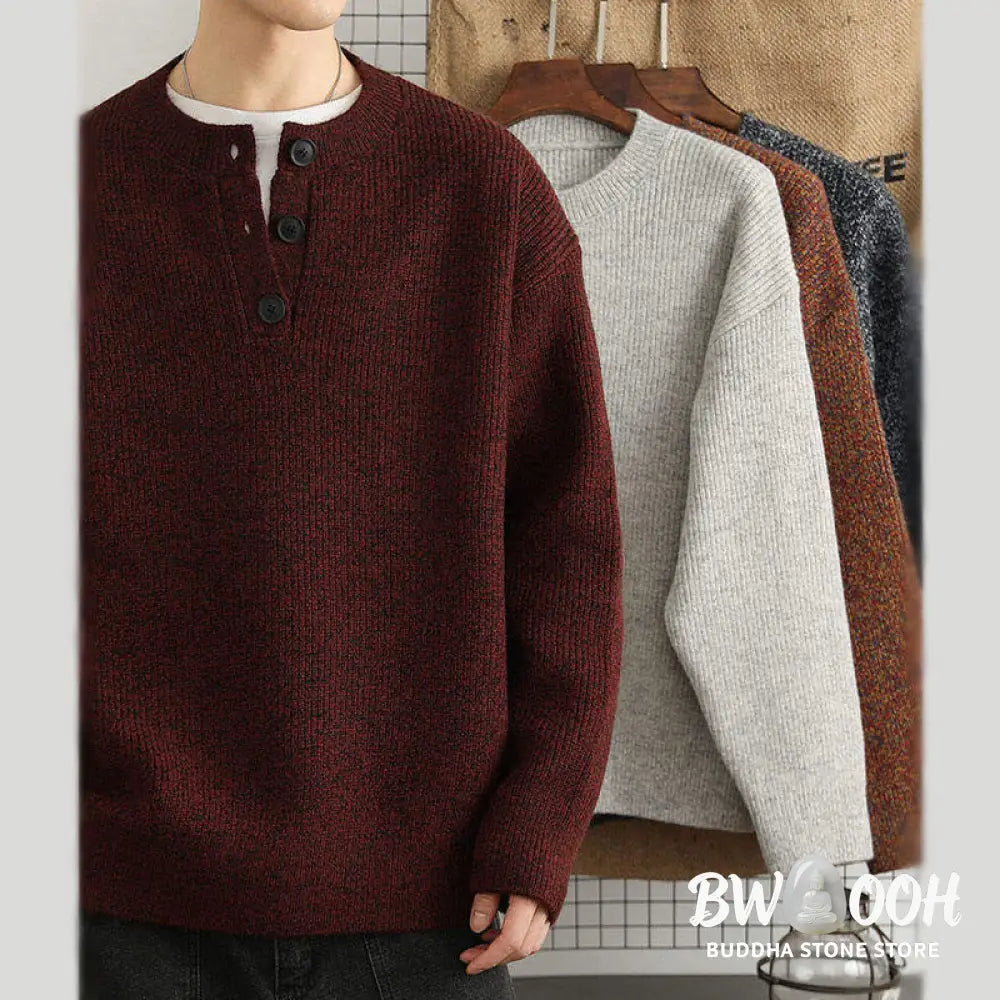 Buddha Stones Winter V-Neck Buttons Ribbed Design Warm Men’s Long Sleeve Knitted Sweater - Men’s Sweater