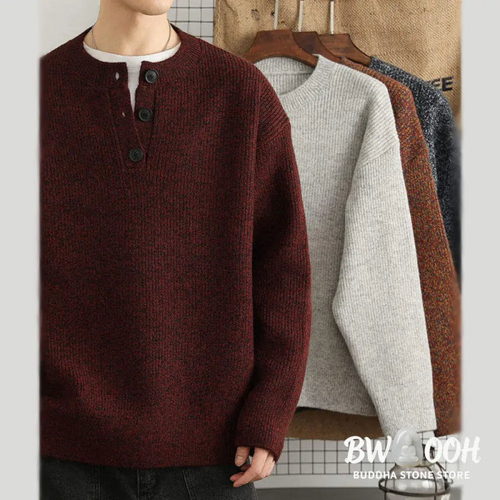 Buddha Stones Winter V-Neck Buttons Ribbed Design Warm Men’s Long Sleeve Knitted Sweater - Men’s Sweater