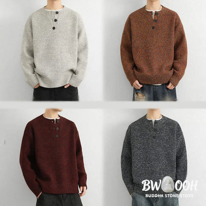 Buddha Stones Winter V-Neck Buttons Ribbed Design Warm Men’s Long Sleeve Knitted Sweater - Men’s Sweater