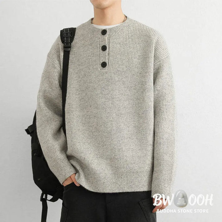 Buddha Stones Winter V-Neck Buttons Ribbed Design Warm Men’s Long Sleeve Knitted Sweater - Men’s Sweater