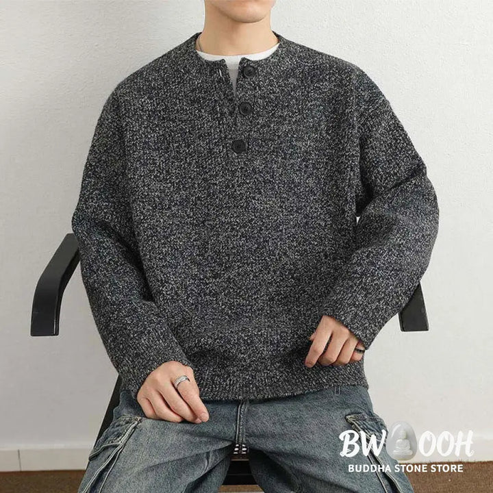 Buddha Stones Winter V-Neck Buttons Ribbed Design Warm Men’s Long Sleeve Knitted Sweater - Men’s Sweater