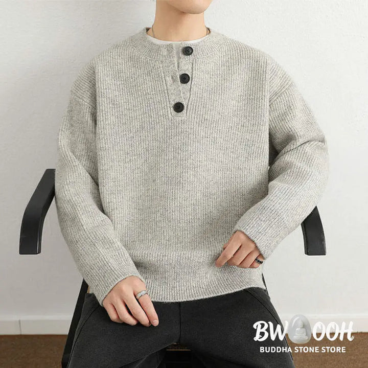 Buddha Stones Winter V-Neck Buttons Ribbed Design Warm Men’s Long Sleeve Knitted Sweater - Men’s Sweater