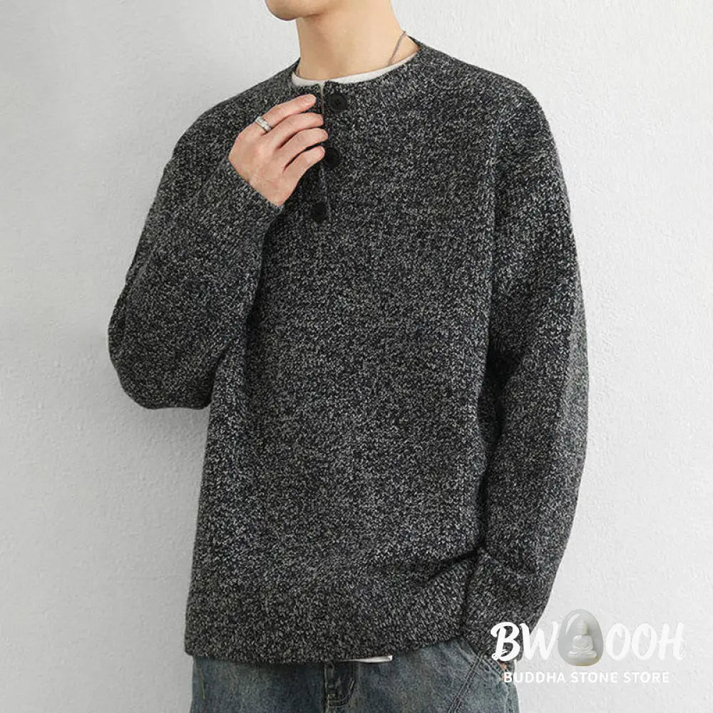 Buddha Stones Winter V-Neck Buttons Ribbed Design Warm Men’s Long Sleeve Knitted Sweater - Men’s Sweater