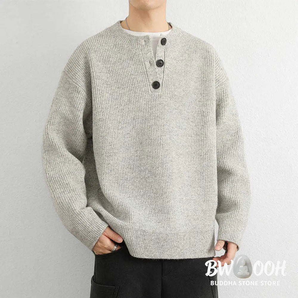 Buddha Stones Winter V-Neck Buttons Ribbed Design Warm Men’s Long Sleeve Knitted Sweater - Men’s Sweater