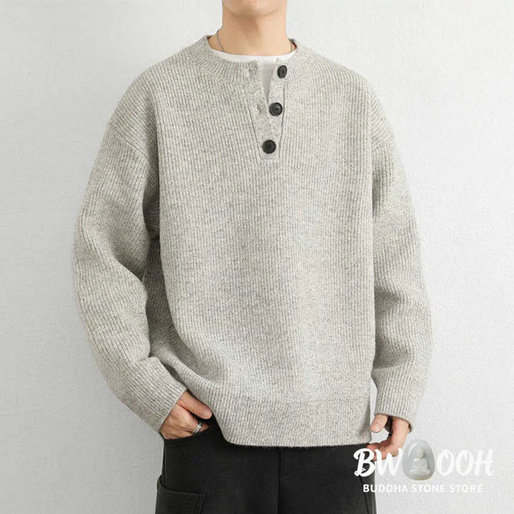 Buddha Stones Winter V-Neck Buttons Ribbed Design Warm Men’s Long Sleeve Knitted Sweater - Men’s Sweater