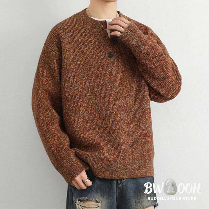 Buddha Stones Winter V-Neck Buttons Ribbed Design Warm Men’s Long Sleeve Knitted Sweater - Men’s Sweater