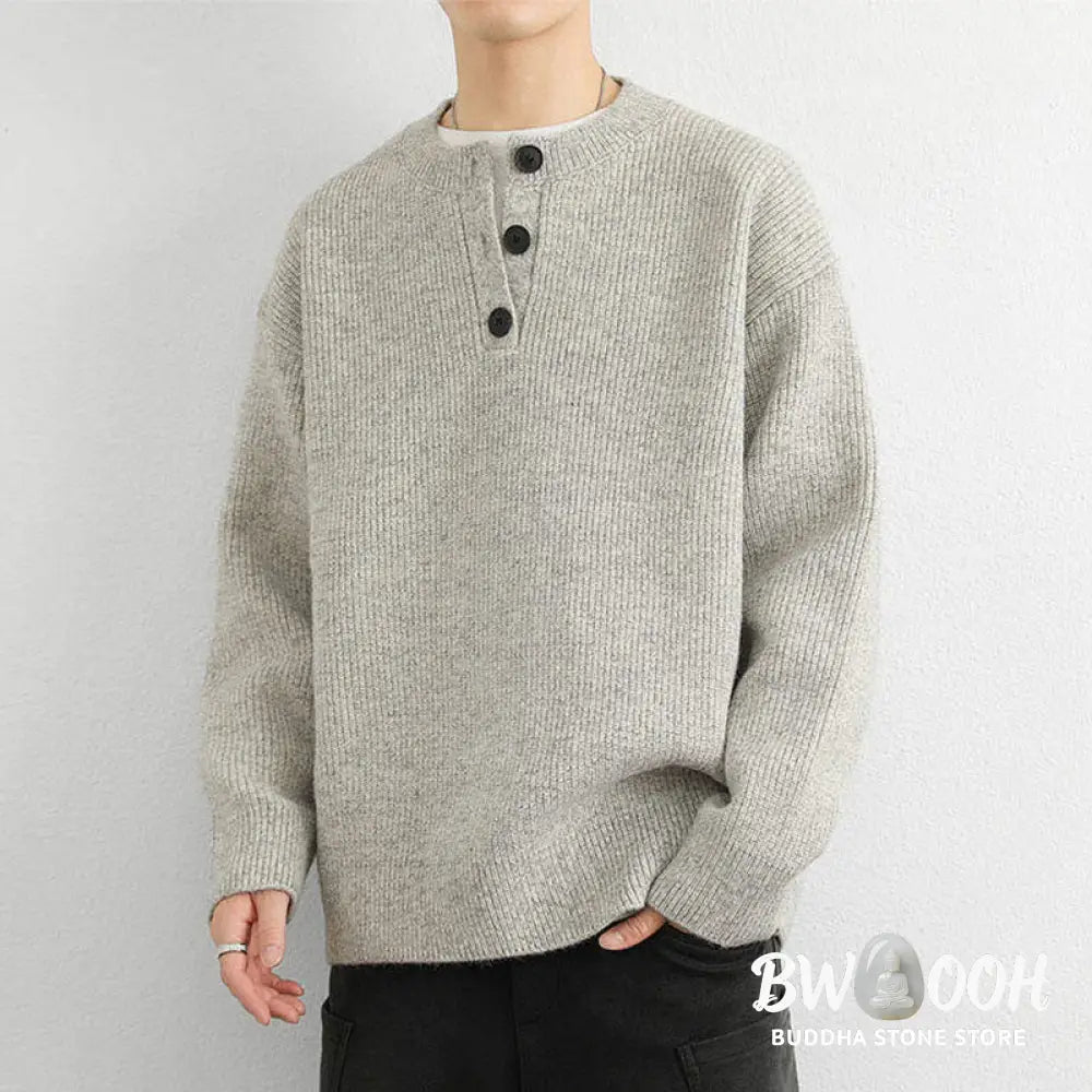 Buddha Stones Winter V-Neck Buttons Ribbed Design Warm Men’s Long Sleeve Knitted Sweater - Men’s Sweater