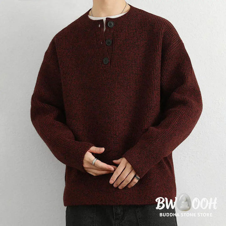Buddha Stones Winter V-Neck Buttons Ribbed Design Warm Men’s Long Sleeve Knitted Sweater - Men’s Sweater