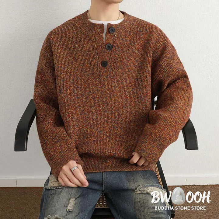Buddha Stones Winter V-Neck Buttons Ribbed Design Warm Men’s Long Sleeve Knitted Sweater - Men’s Sweater