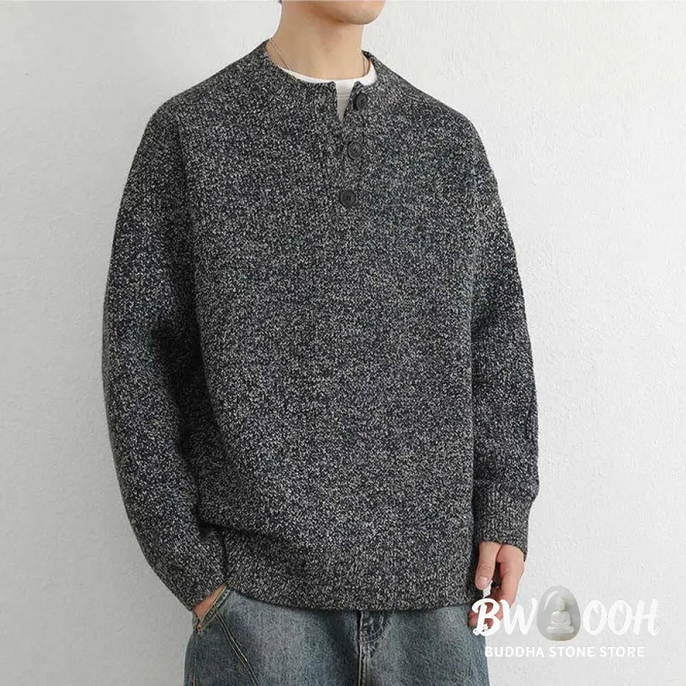 Buddha Stones Winter V-Neck Buttons Ribbed Design Warm Men’s Long Sleeve Knitted Sweater - Men’s Sweater