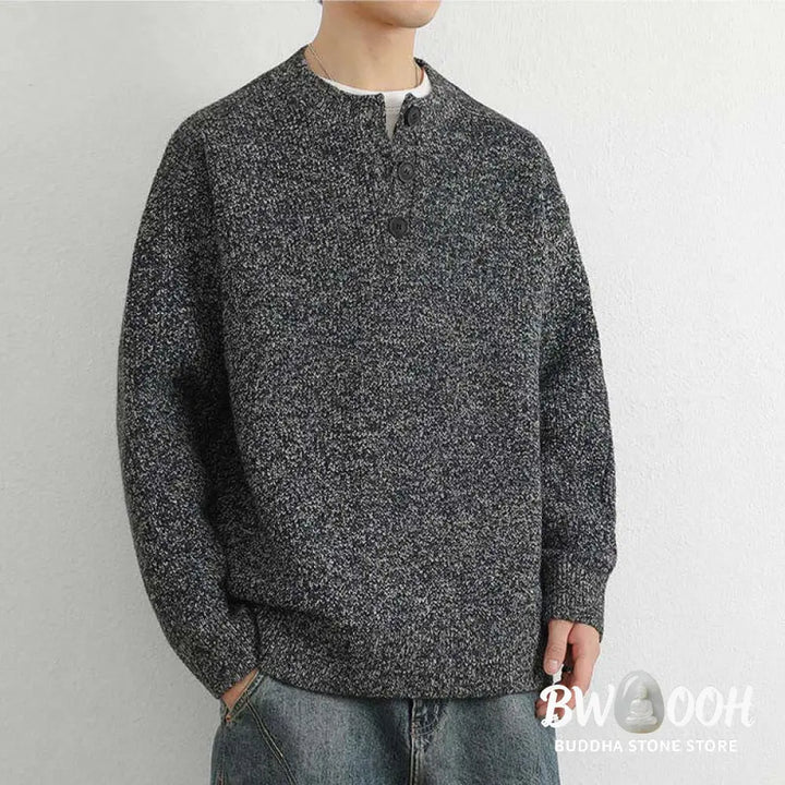 Buddha Stones Winter V-Neck Buttons Ribbed Design Warm Men’s Long Sleeve Knitted Sweater - Men’s Sweater
