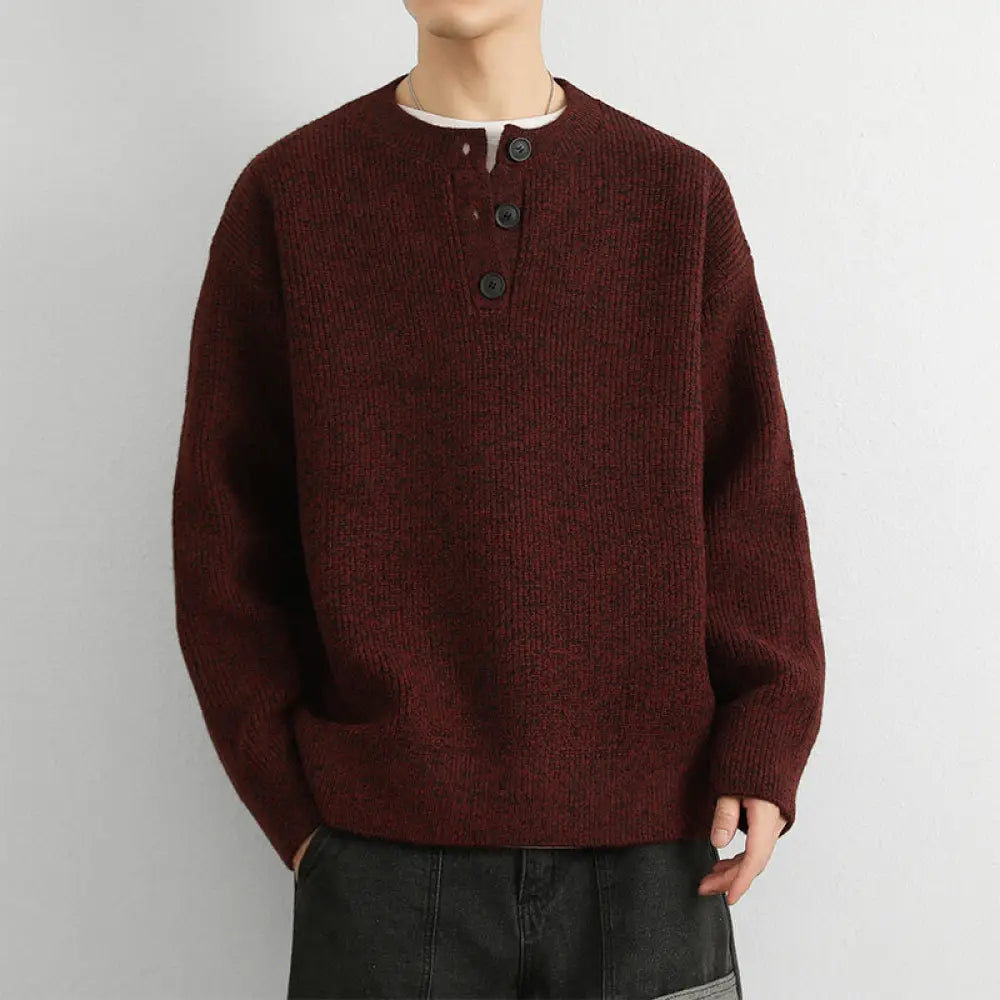 Buddha Stones Winter V-Neck Buttons Ribbed Design Warm Men’s Long Sleeve Knitted Sweater - DarkRed / US/UK/AU36，EU46