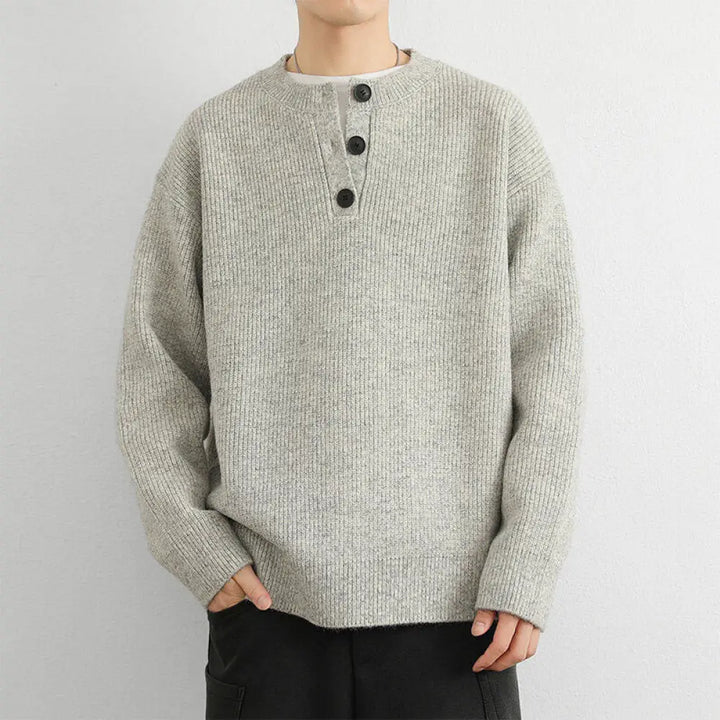 Buddha Stones Winter V-Neck Buttons Ribbed Design Warm Men’s Long Sleeve Knitted Sweater - Linen / US/UK/AU36，EU46 (L)