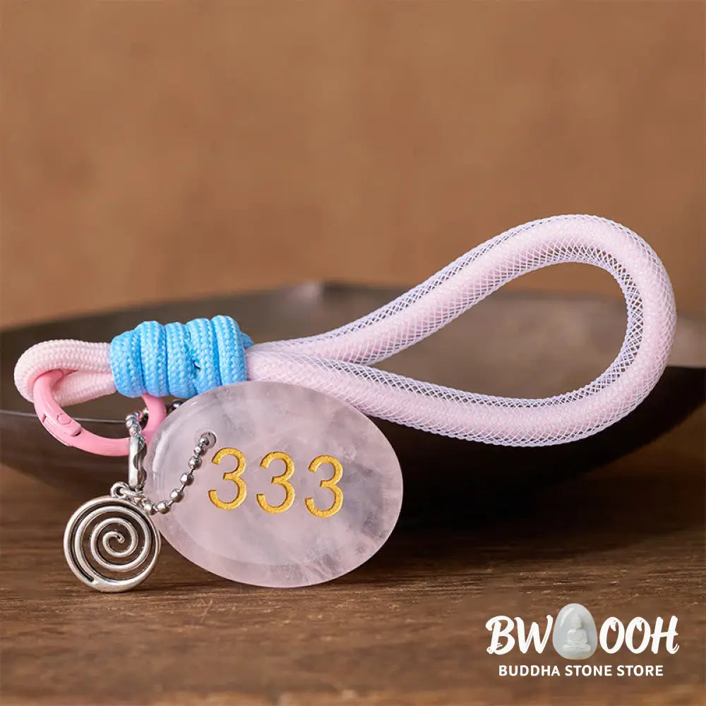 Buddha Stones Wishing Guidance and Strength 333 Angel Number Natural Rose Quartz Key Chain Hanging Decoration Includes