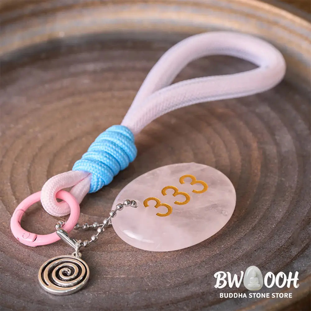 Buddha Stones Wishing Guidance and Strength 333 Angel Number Natural Rose Quartz Key Chain Hanging Decoration Includes