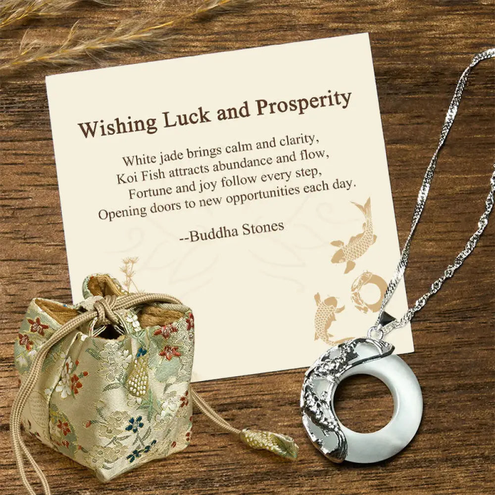Buddha Stones ’Wishing Luck and Prosperity’ White Jade Koi Fish Necklace Includes Gift Message Card - BWOOOH - Koi Fish