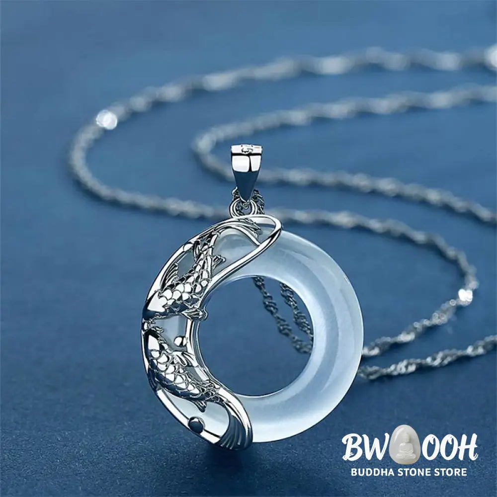 Buddha Stones ’Wishing Luck and Prosperity’ White Jade Koi Fish Necklace Includes Gift Message Card - BWOOOH
