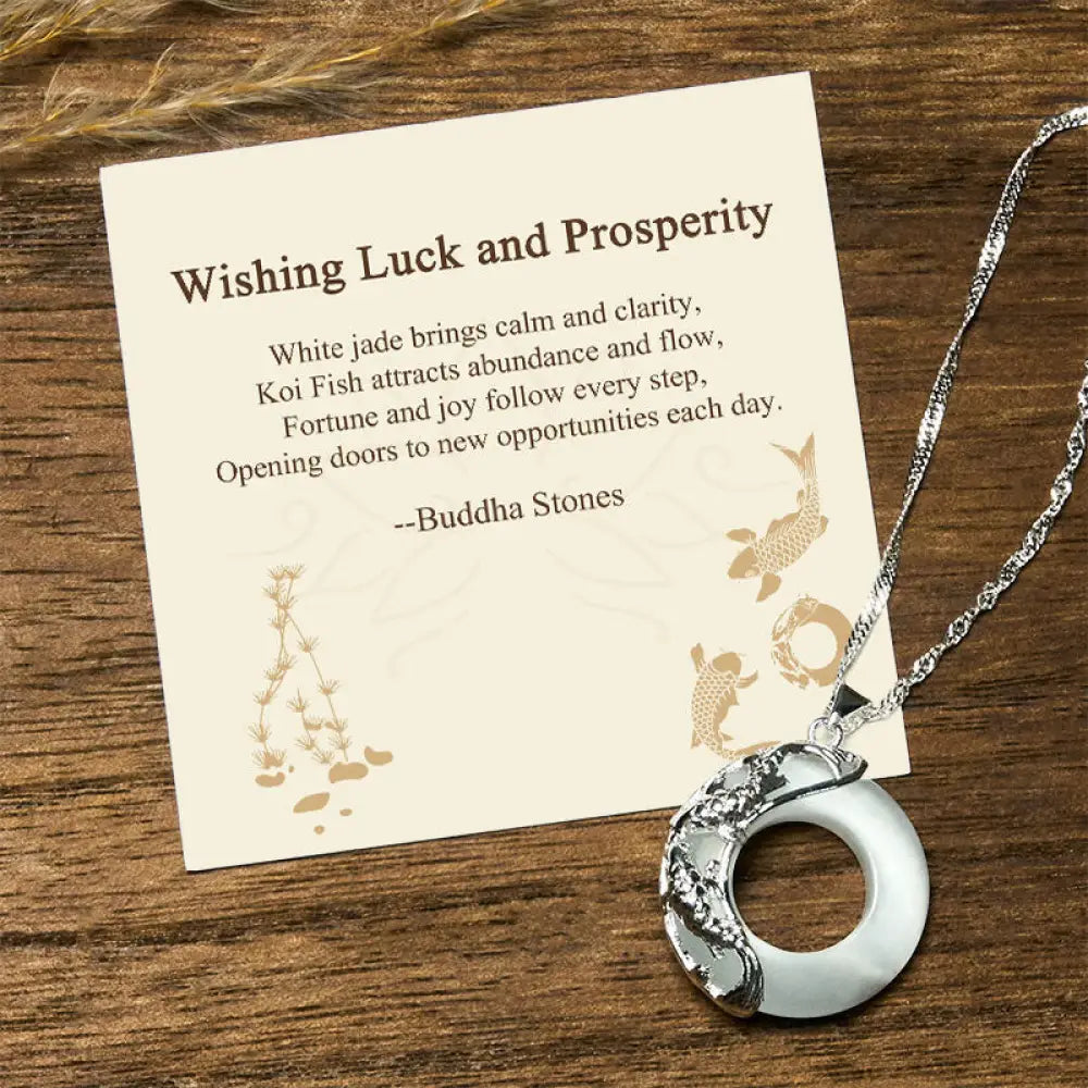 Buddha Stones ’Wishing Luck and Prosperity’ White Jade Koi Fish Necklace Includes Gift Message Card - BWOOOH - Koi Fish