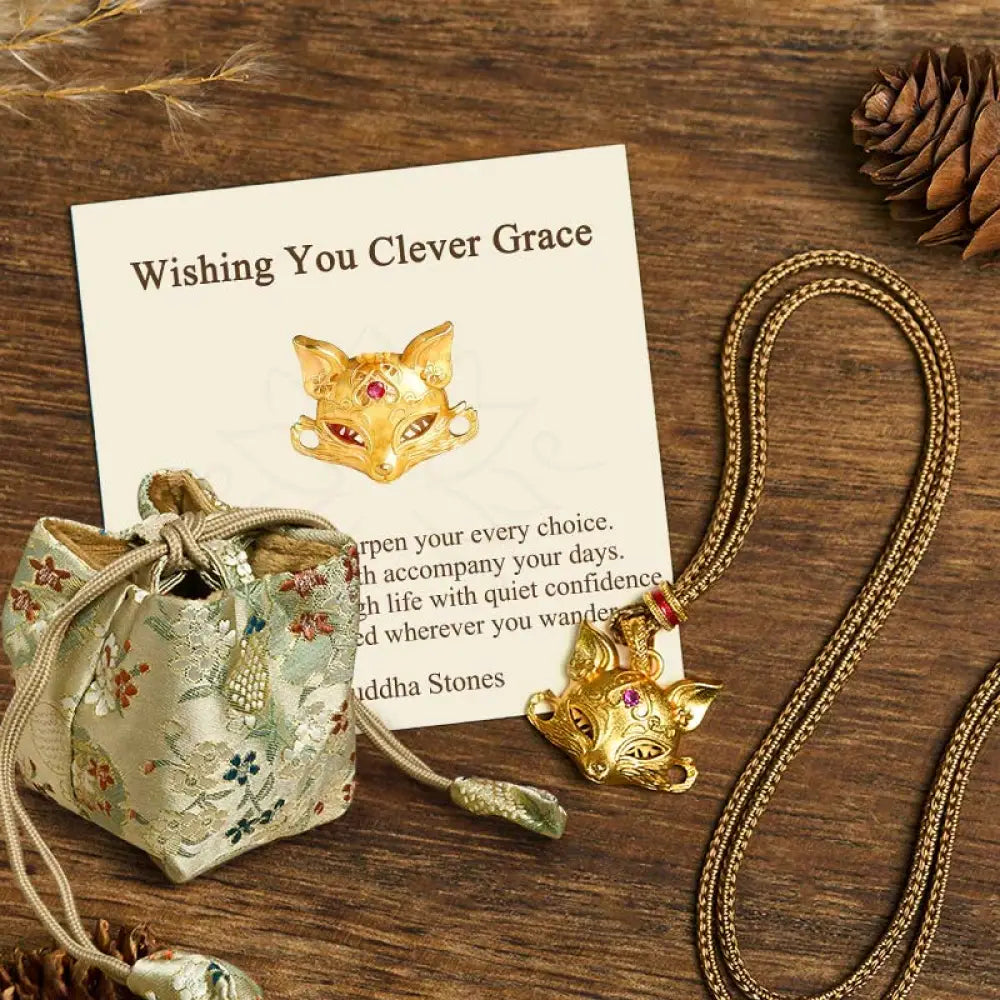 Buddha Stones ’Wishing You Clever Grace’ 24k Gold Plated Brass Fox Necklace Includes Gift Message Card - BWOOOH - Fox