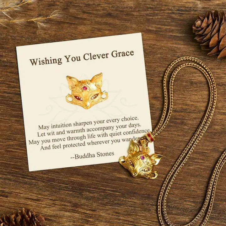 Buddha Stones ’Wishing You Clever Grace’ 24k Gold Plated Brass Fox Necklace Includes Gift Message Card - BWOOOH - Fox