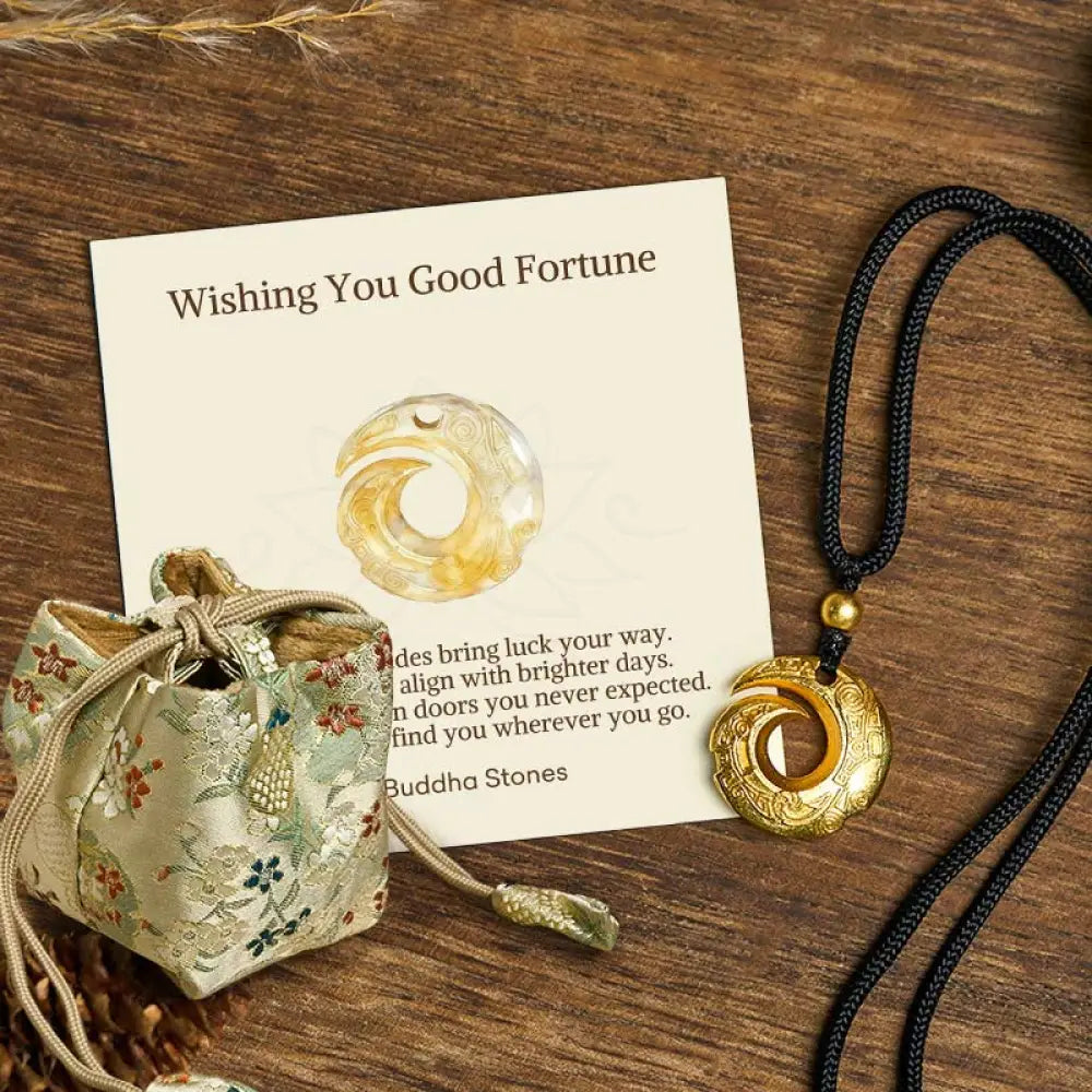 Buddha Stones ’Wishing You Good Fortune’ 24k Gold Plated Brass Peace Buckle Black Rope Necklace Includes Gift Message