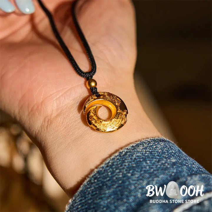 Buddha Stones ’Wishing You Good Fortune’ 24k Gold Plated Brass Peace Buckle Black Rope Necklace Includes Gift Message