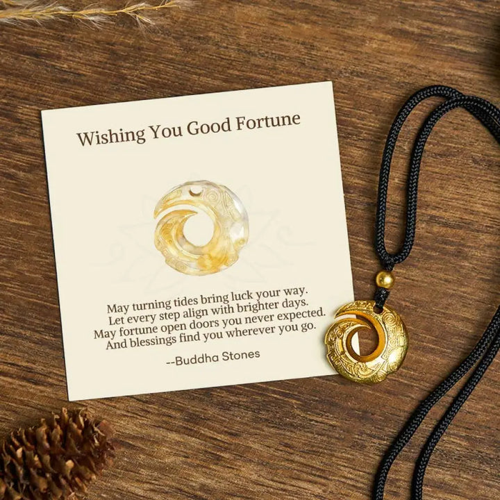 Buddha Stones ’Wishing You Good Fortune’ 24k Gold Plated Brass Peace Buckle Black Rope Necklace Includes Gift Message