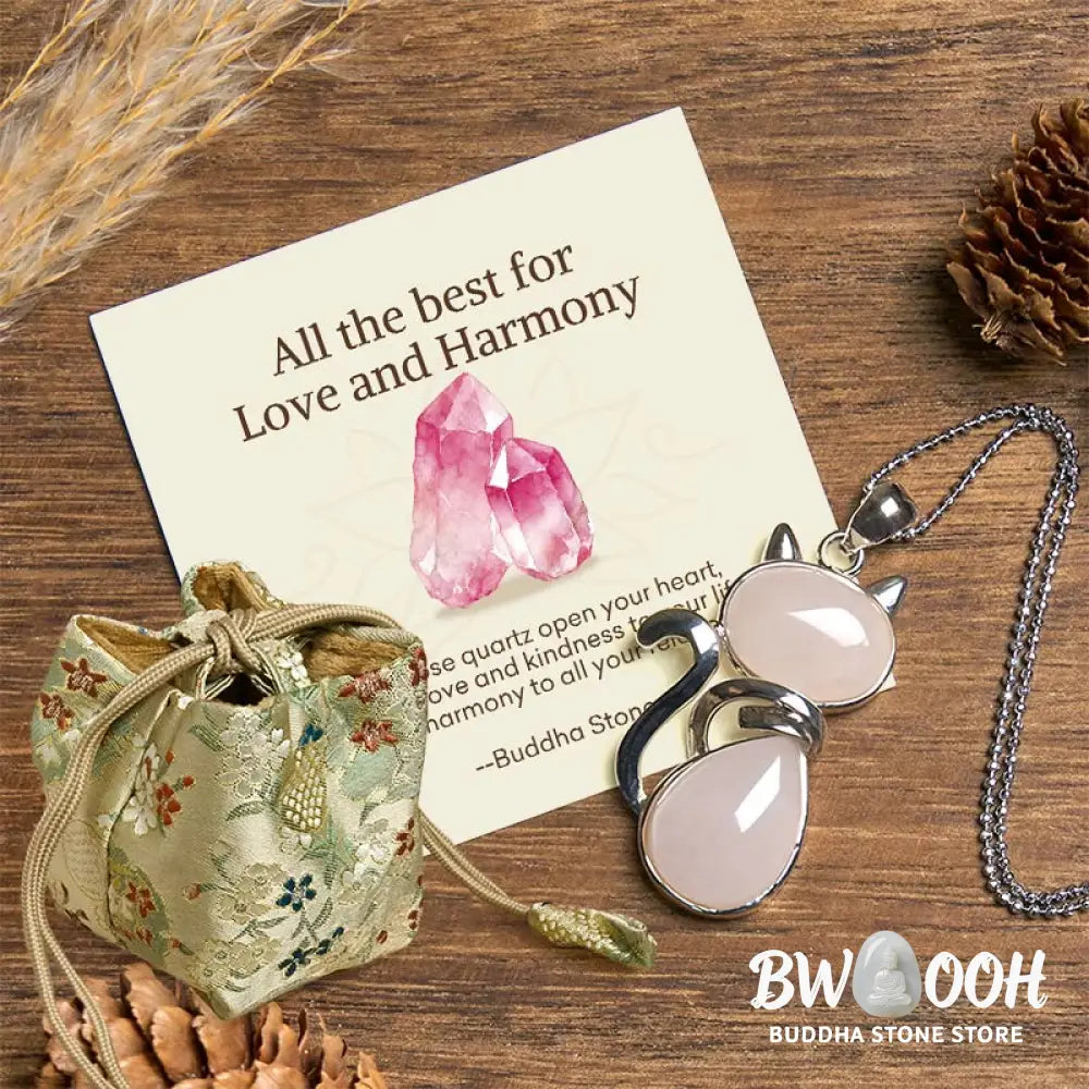 Buddha Stones ’Wishing You Love and Kindness’ Cat Rose Quartz Necklace Includes Gift Message Card - BWOOOH - Necklaces