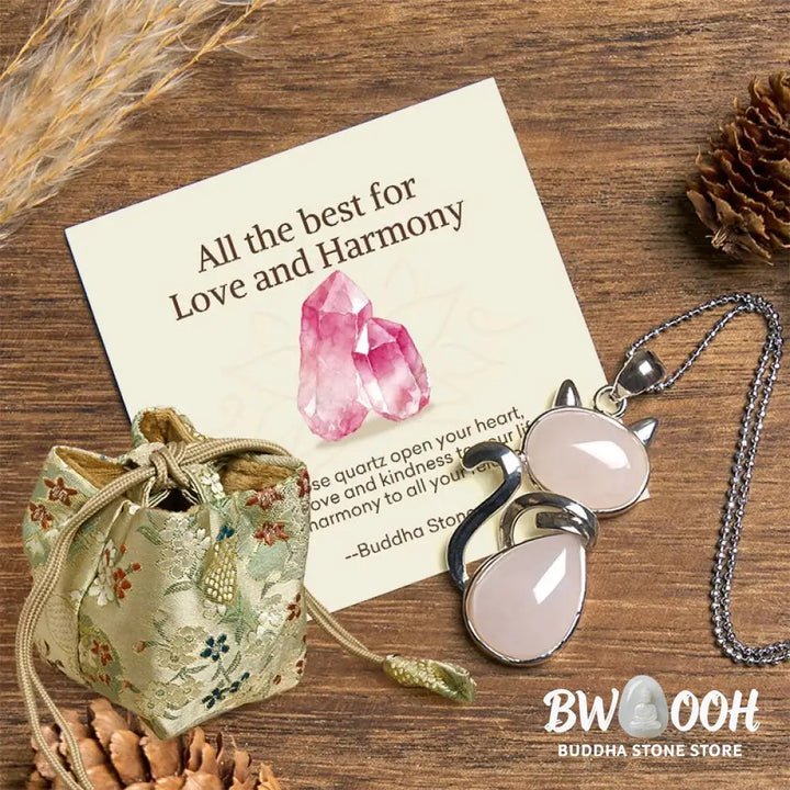 Buddha Stones ’Wishing You Love and Kindness’ Cat Rose Quartz Necklace Includes Gift Message Card - BWOOOH - Necklaces