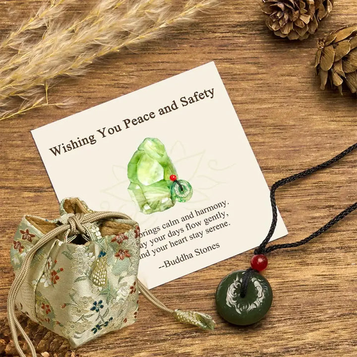 Buddha Stones ’Wishing You Peace and Safety’ Peace Buckle Jade Necklace Includes Gift Message Card - BWOOOH - Cyan Jade