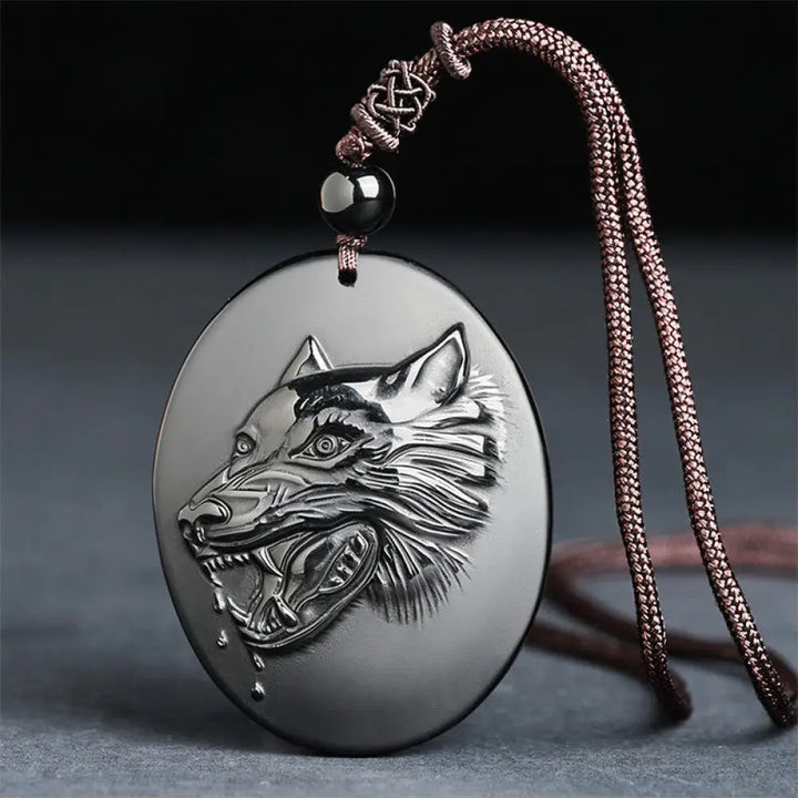 Buddha Stones Wolf Head Natural Black Obsidian Strength Necklace Pendant - BWOOOH - Black Obsidian(Pendant Size: