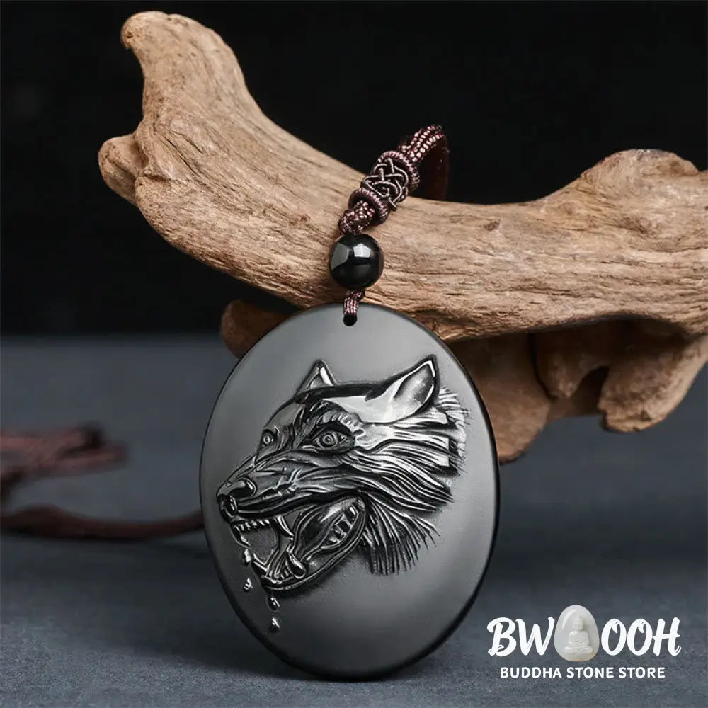 Buddha Stones Wolf Head Natural Black Obsidian Strength Necklace Pendant - BWOOOH - Black Obsidian(Pendant Size:
