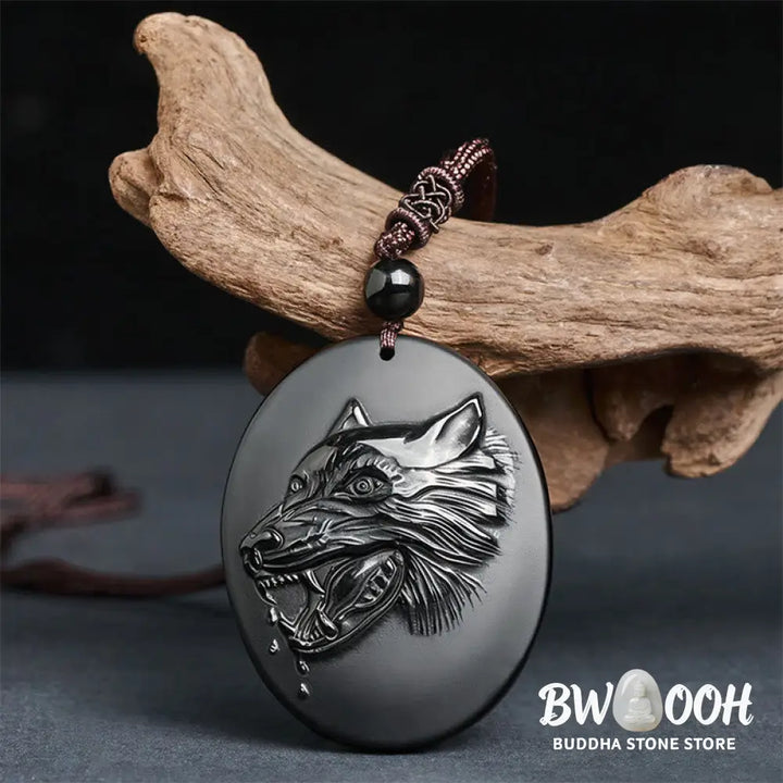 Buddha Stones Wolf Head Natural Black Obsidian Strength Necklace Pendant - BWOOOH - Black Obsidian(Pendant Size: