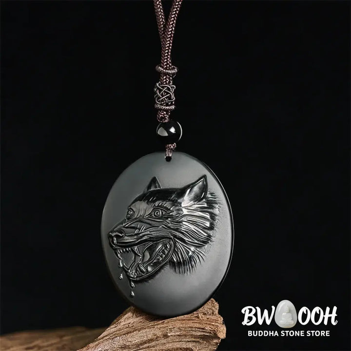 Buddha Stones Wolf Head Natural Black Obsidian Strength Necklace Pendant - BWOOOH - Black Obsidian(Pendant Size: