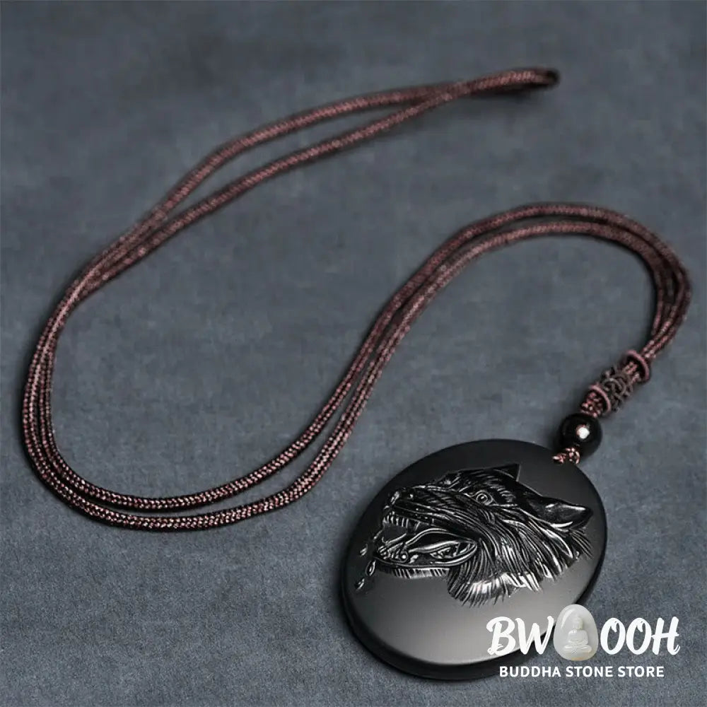 Buddha Stones Wolf Head Natural Black Obsidian Strength Necklace Pendant - BWOOOH - Black Obsidian(Pendant Size: