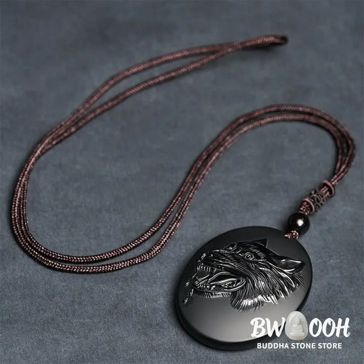 Buddha Stones Wolf Head Natural Black Obsidian Strength Necklace Pendant - BWOOOH - Black Obsidian(Pendant Size: