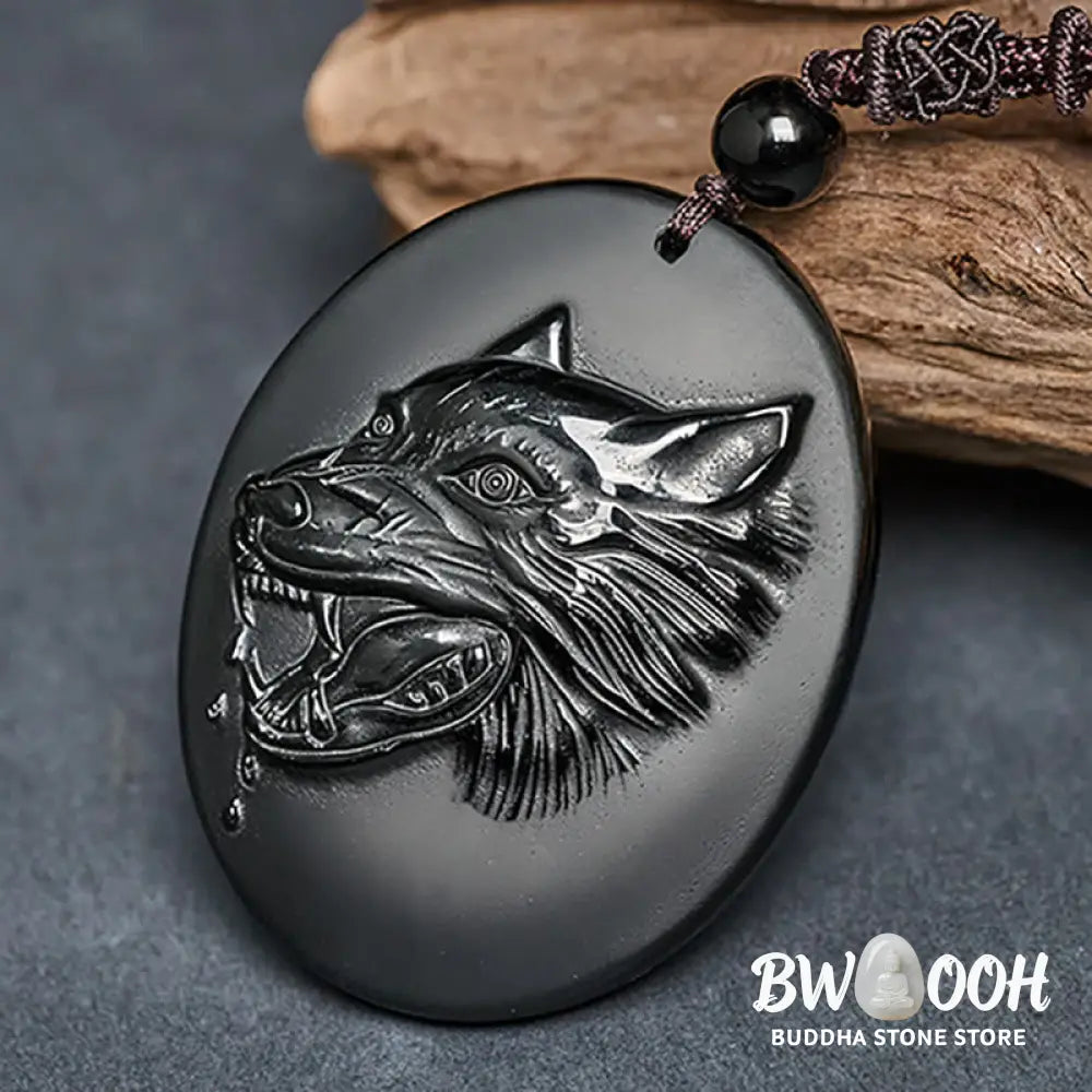 Buddha Stones Wolf Head Natural Black Obsidian Strength Necklace Pendant - BWOOOH - Black Obsidian(Pendant Size: