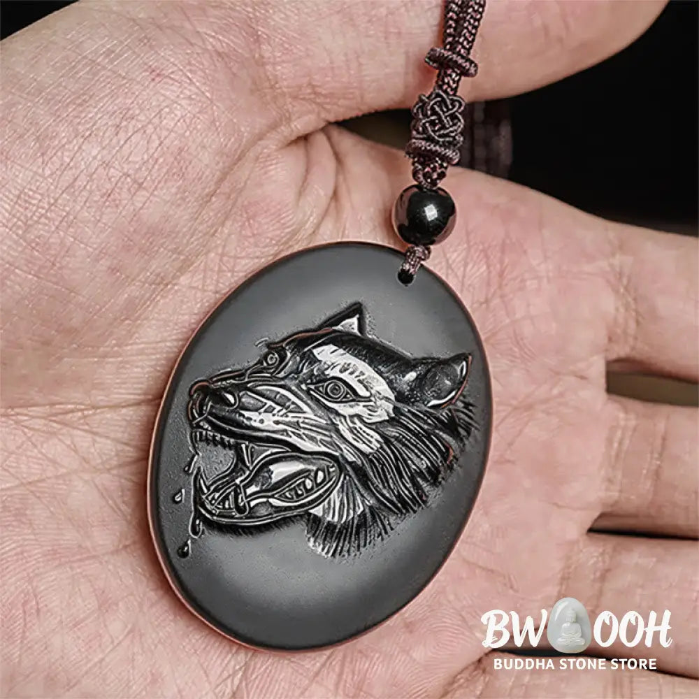 Buddha Stones Wolf Head Natural Black Obsidian Strength Necklace Pendant - BWOOOH - Black Obsidian(Pendant Size: