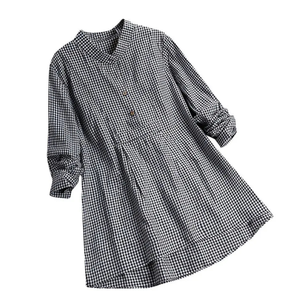 Buddha Stones Women’s Buttons Long Sleeve Checked Pattern Shirt - Black / US4，UK/AU8，EU36 (L) - Women’s Shirts