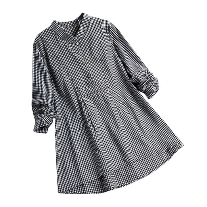 Buddha Stones Women’s Buttons Long Sleeve Checked Pattern Shirt - Black / US4，UK/AU8，EU36 (L) - Women’s Shirts