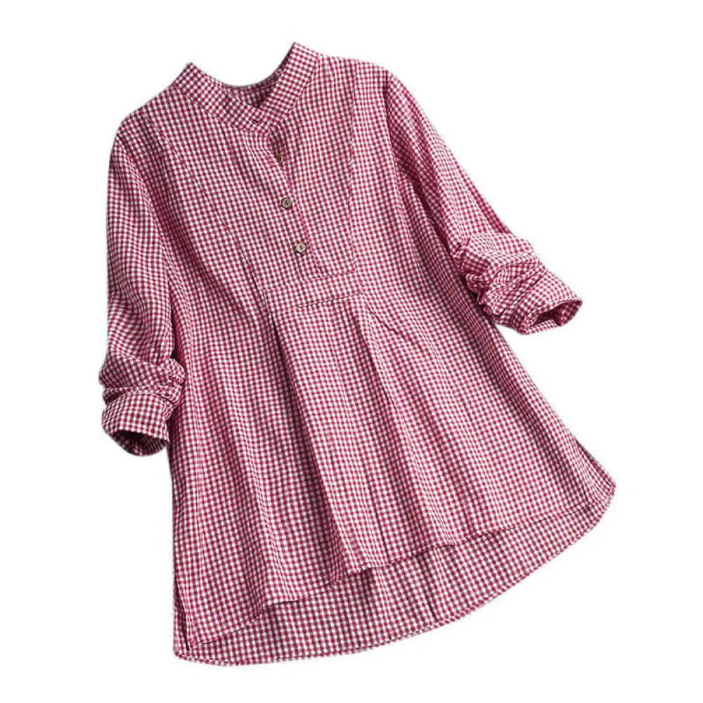 Buddha Stones Women’s Buttons Long Sleeve Checked Pattern Shirt - Crimson / US4，UK/AU8，EU36 (L) - Women’s Shirts