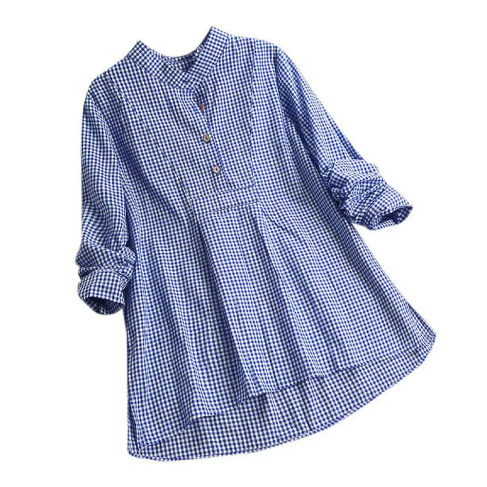 Buddha Stones Women’s Buttons Long Sleeve Checked Pattern Shirt - MediumBlue / US4，UK/AU8，EU36 (L) - Women’s Shirts